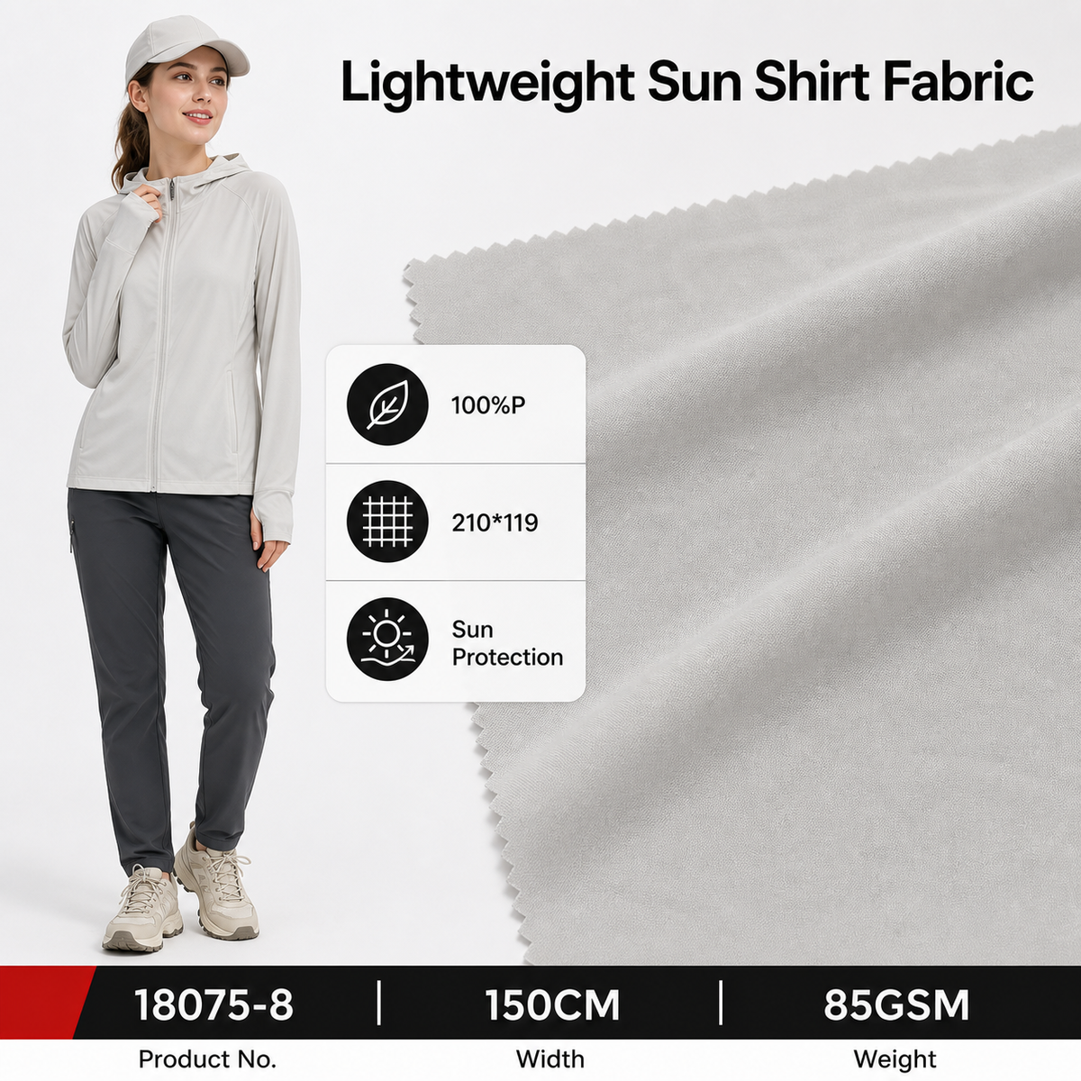 18075 8 100 Percent Polyester 85GSM 150CM 210 by 119 Density Lightweight for Sun Protection Clothing Production Apparel Fabric
