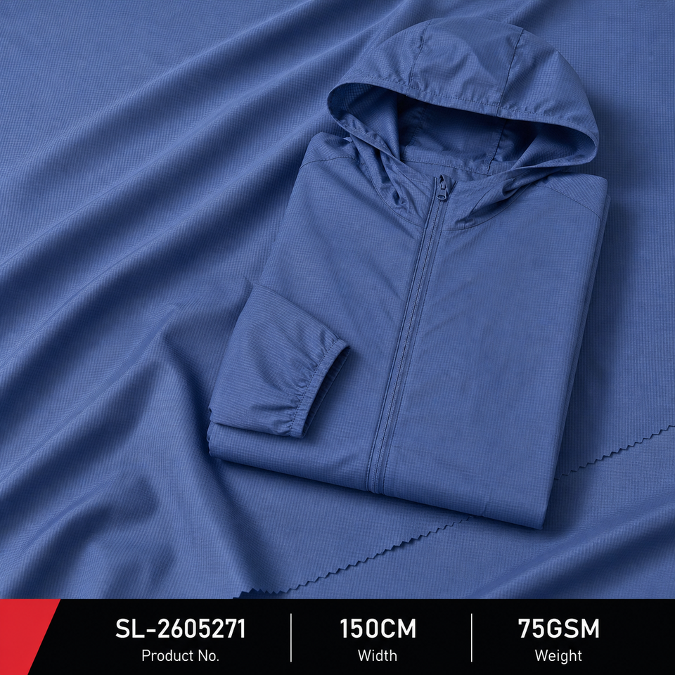 Blue lightweight windbreaker shown on matching SL-2605271 grid ripstop fabric
