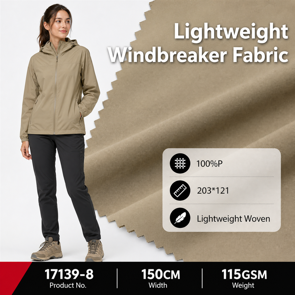 17139-8 lightweight woven windbreaker fabric with 100% polyester and 203 by 121 image notation