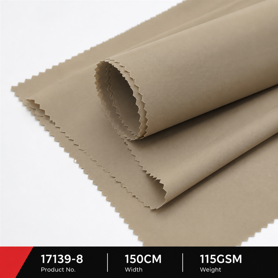 Beige 17139-8 lightweight woven windbreaker fabric showing the fabric surface and 115gsm 150cm specifications