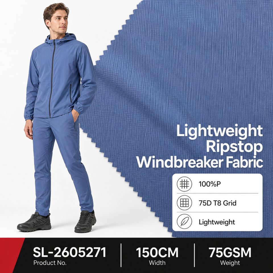 SL-2605271 lightweight ripstop windbreaker fabric with 100% polyester 75D T8 grid specifications