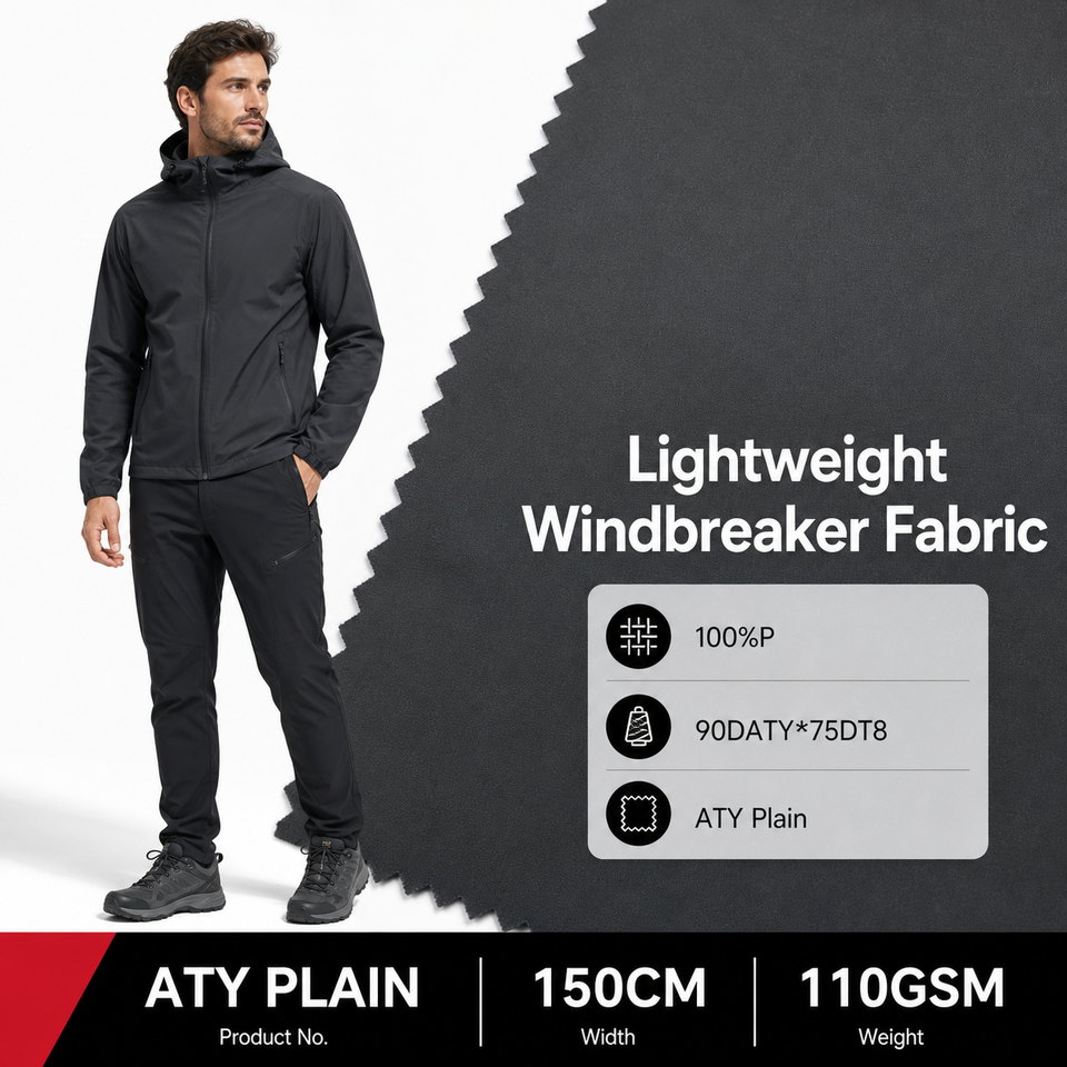 ATY Plain lightweight windbreaker fabric shown with a black jacket and 110gsm 150cm specifications
