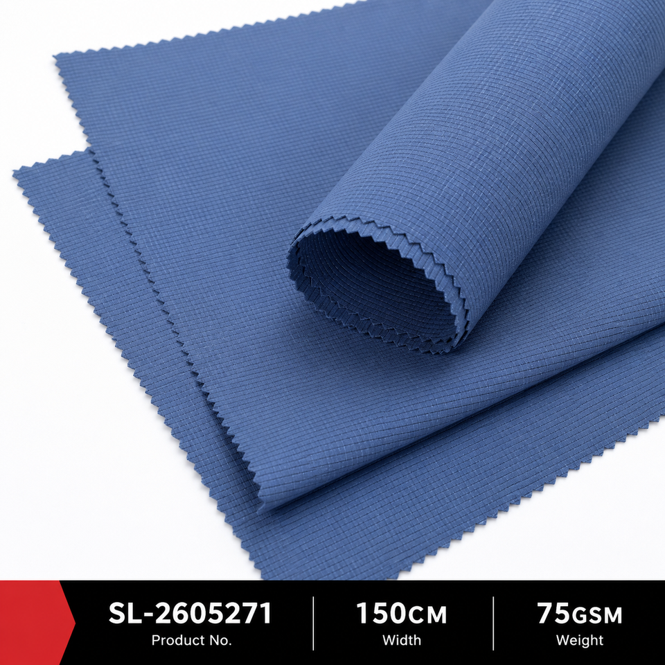 Blue SL-2605271 grid ripstop windbreaker fabric showing its surface and 75gsm 150cm specifications