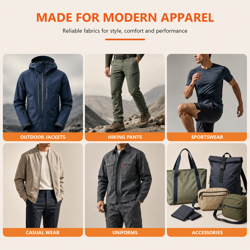 Example apparel applications for ATY Plain fabric including outdoor jackets, hiking pants, sportswear, casual wear, uniforms, and accessories