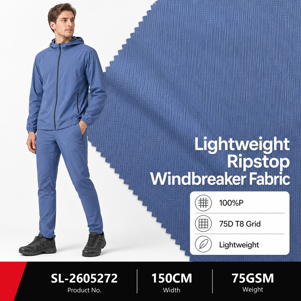 SL-2605272 lightweight ripstop windbreaker fabric with 100% polyester 75D T8 grid specifications