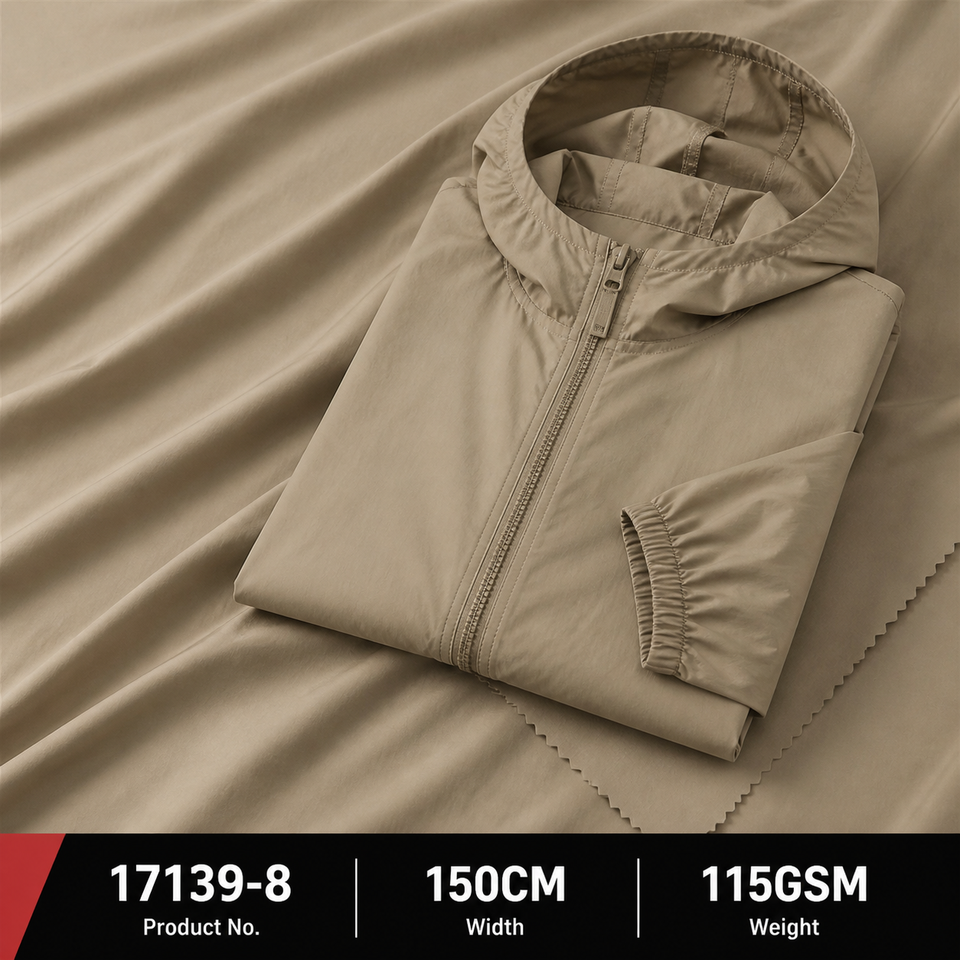 Beige lightweight windbreaker shown on matching 17139-8 woven fabric