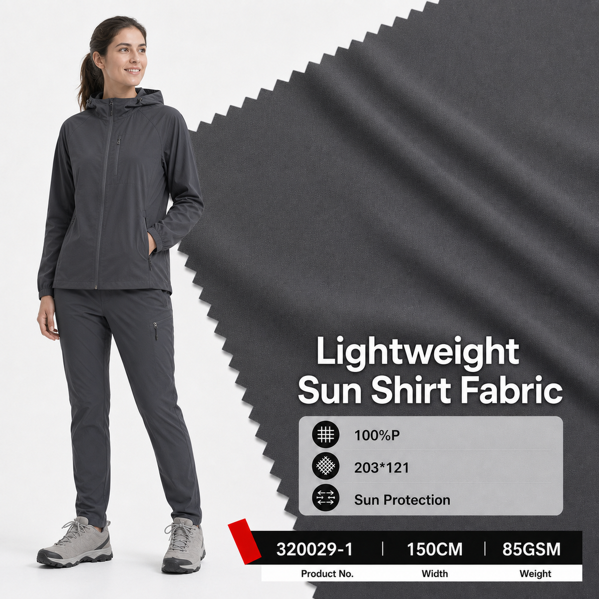 320029 1 100 Percent Polyester 85GSM 150CM 203 by 121 Density Lightweight for Sun Protection Clothing Production Apparel Fabric