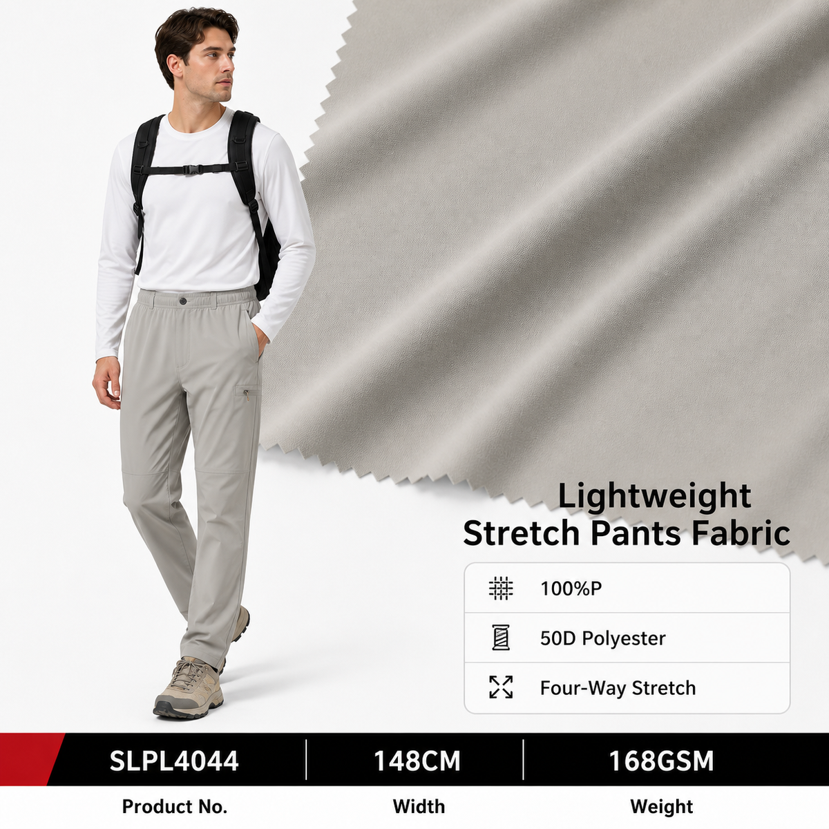 SLPL4044 50D Twisted Four Way Stretch 100 Percent Polyester 168GSM 148CM Floating Yarn Texture for Trousers Apparel Fabric