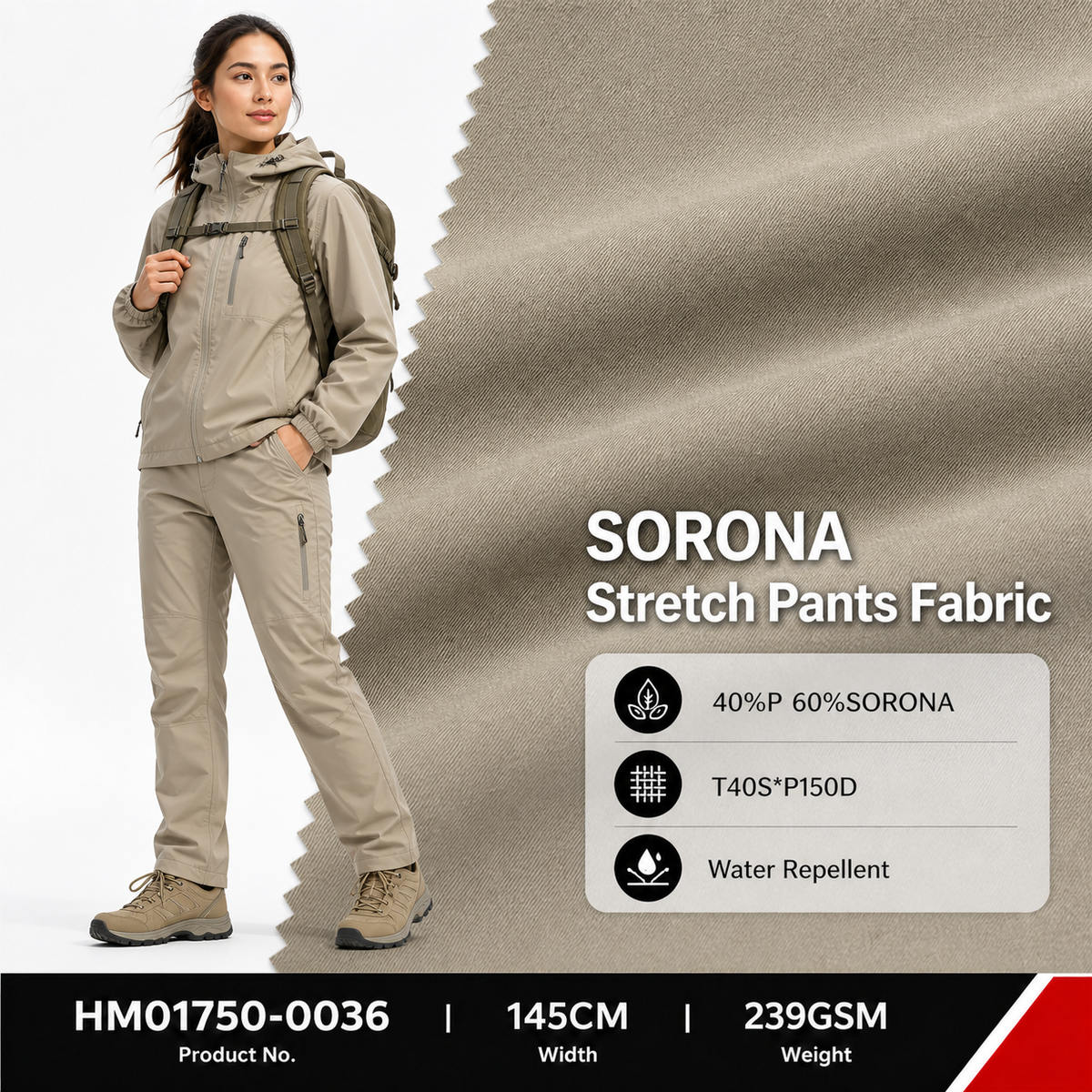 HM01750 0036 60 Percent Sorona 40 Percent Polyester 239GSM 145CM Bio Based Soft Stretch Teflon Triple Protection Outdoor Fabric