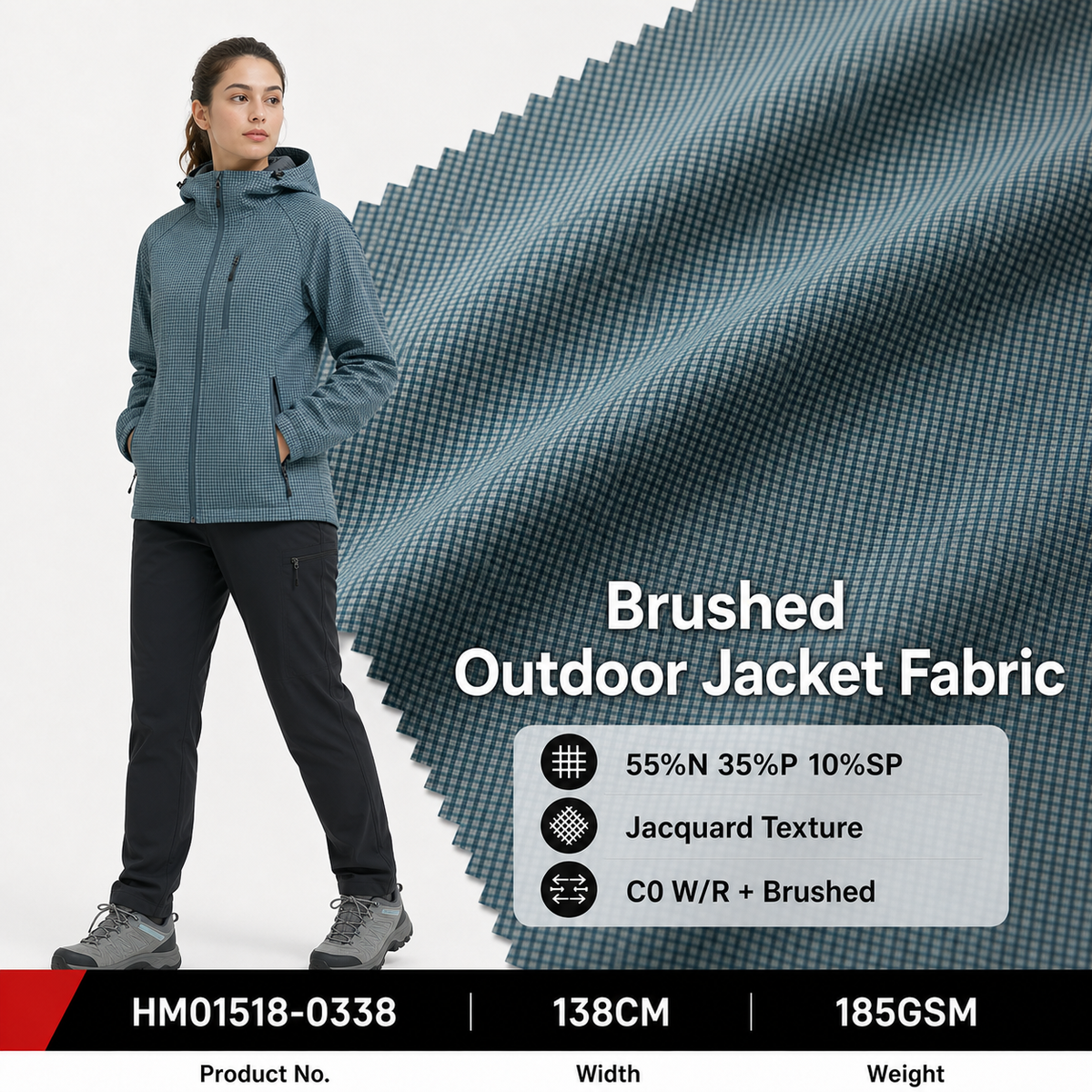 HM01518 0338 Nylon Polyester Spandex 185GSM 138CM Two Tone Jacquard Brushed Soft Stretch C0 Water Repellent Outdoor Fabric