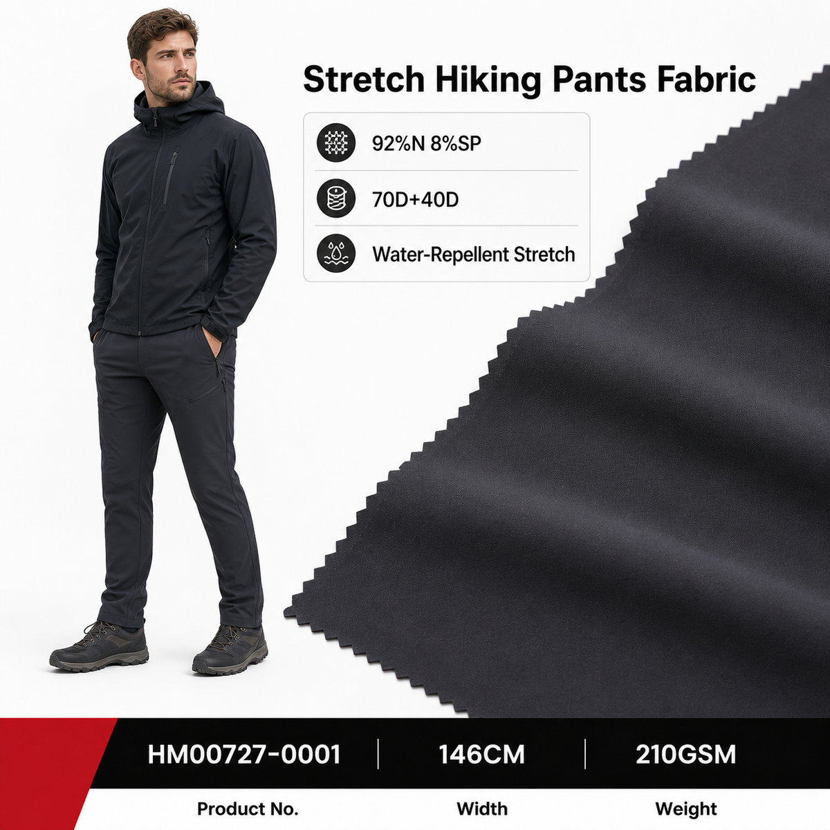HM00727 0001 92 Percent Nylon 8 Percent Spandex 210GSM 146CM 280D Twisted Stretch C8 Water Repellent Golf Trouser Fabric