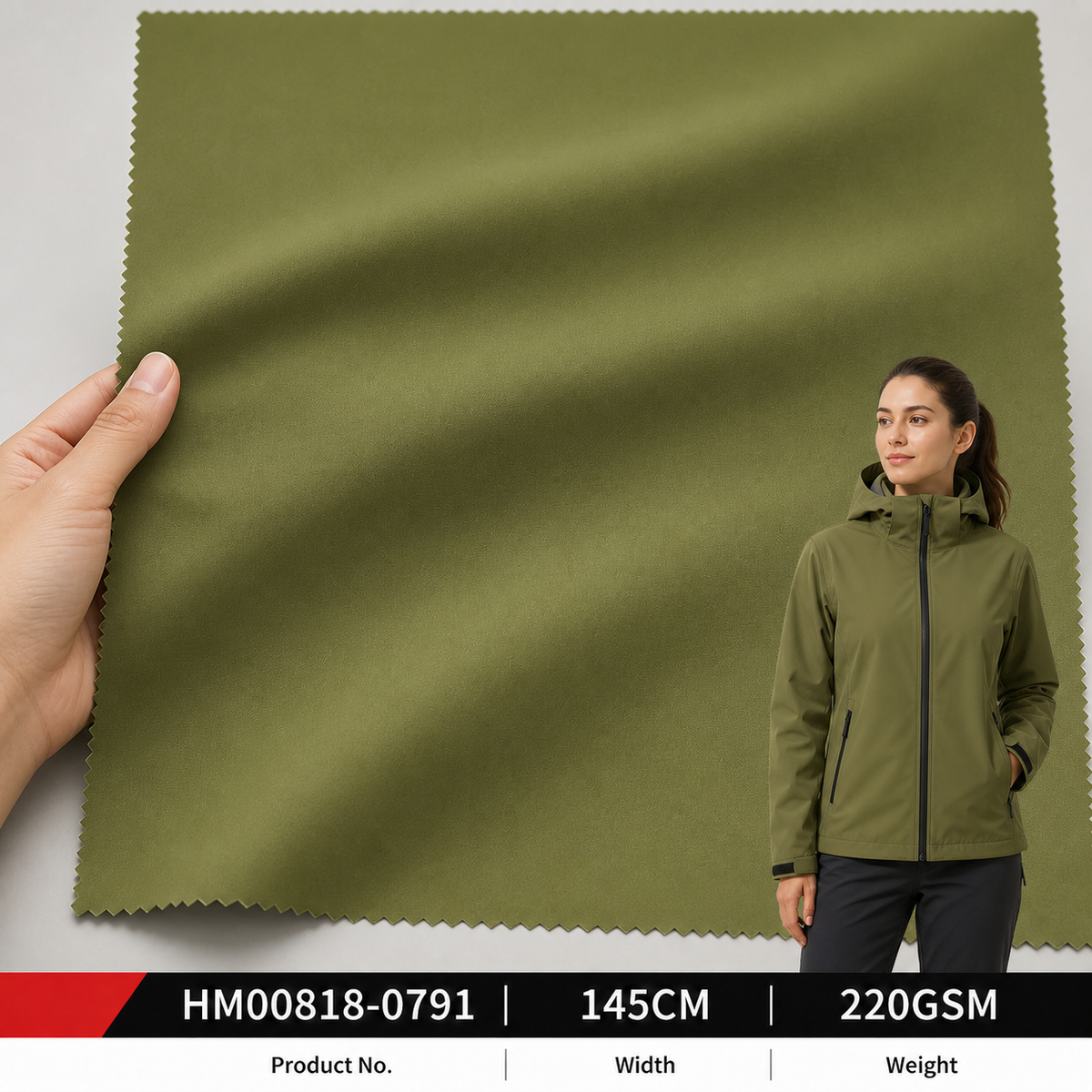 HM00818 0791 High Stretch Double Warp Weft 100 Percent Polyester 220GSM 145CM C6 Water Repellent TPU Membrane Pongee Fabric