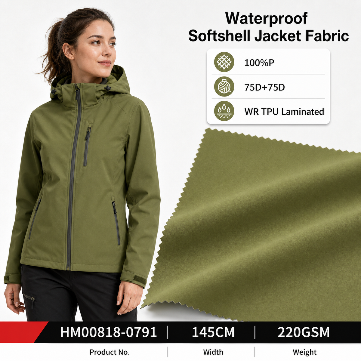 HM00818 0791 High Stretch Double Warp Weft 100 Percent Polyester 220GSM 145CM C6 Water Repellent TPU Membrane Pongee Fabric