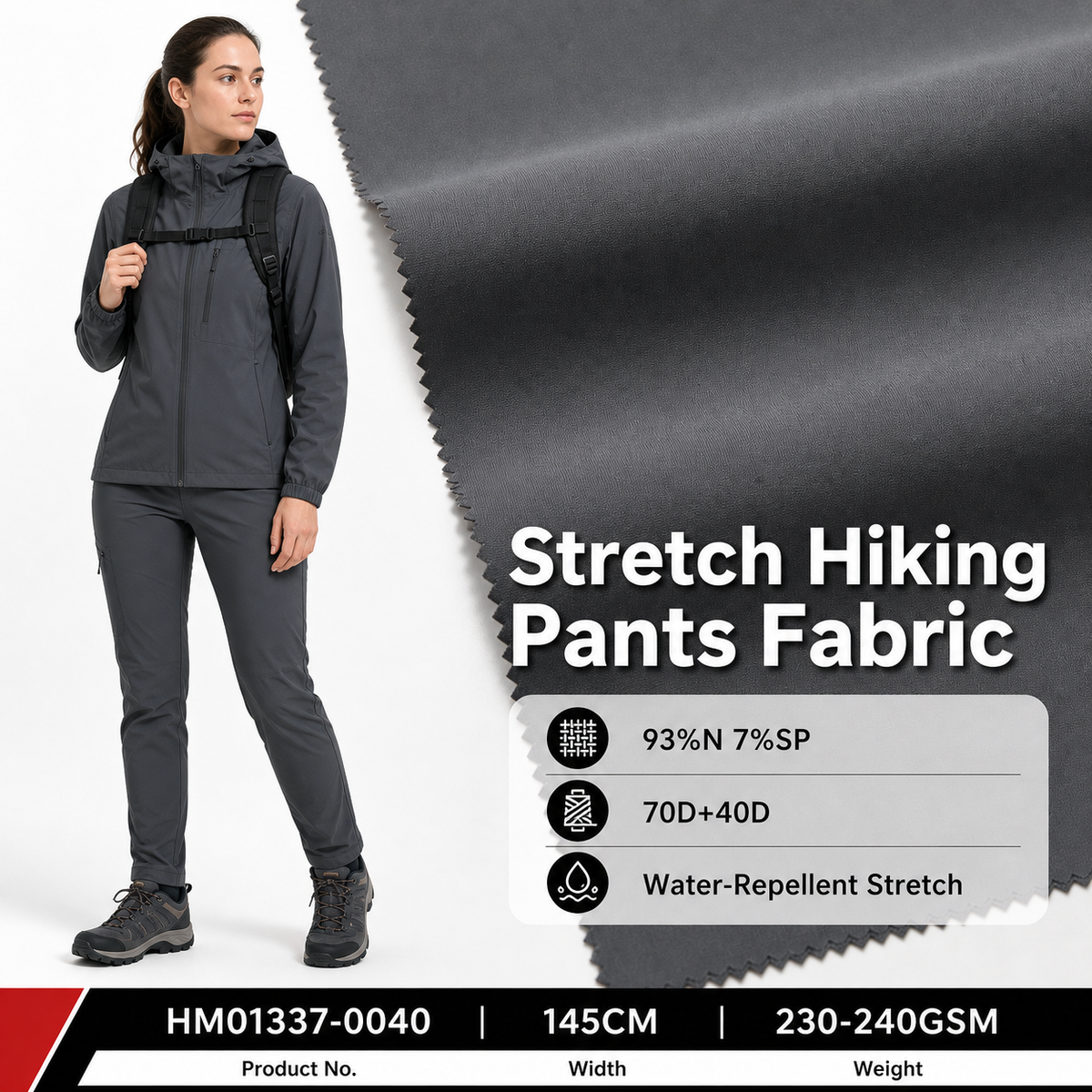 HM01337 0040 93 Percent Nylon 7 Percent Spandex 230 to 240GSM 145CM Matte Double Weft Twisted C6 Water Repellent Outdoor Fabric